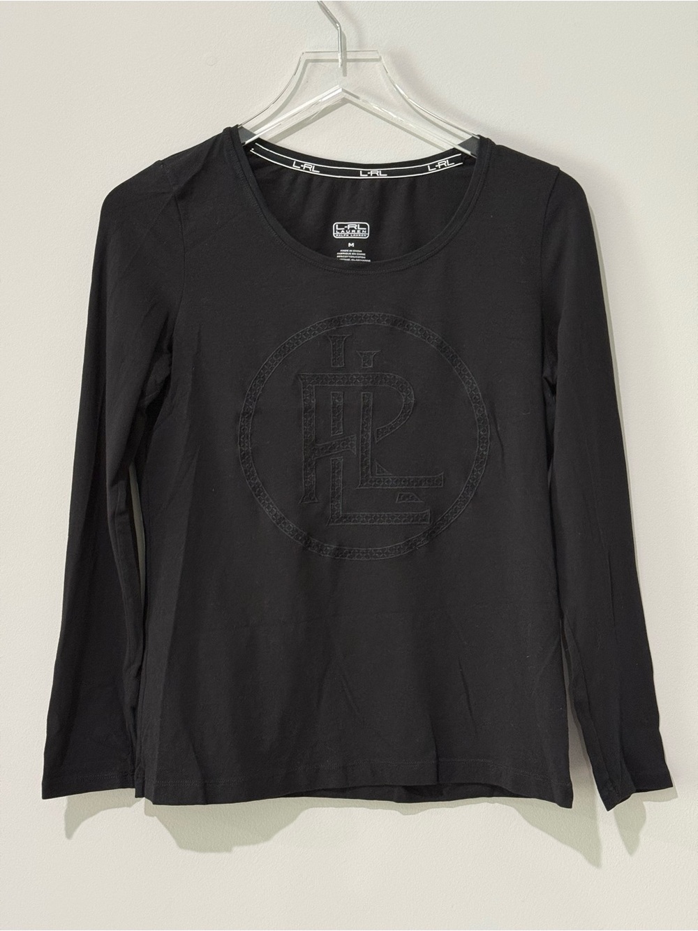 Lauren Ralph Lauren Long Sleeve Embroidered Black Top Size Medium